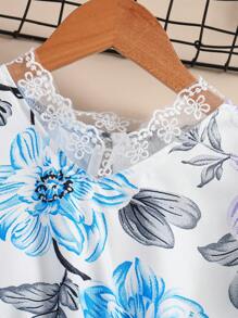 SHEIN Tween Girl's Floral Print Dress With Ruffle Trim And Waist Belt - Blue - View 4