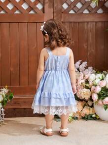 Baby Girl's Blue Checked Lace Trimmed Dress With Bowknot, Cute, Suitable For Daily Wear And Leisure In Spring And Summer
