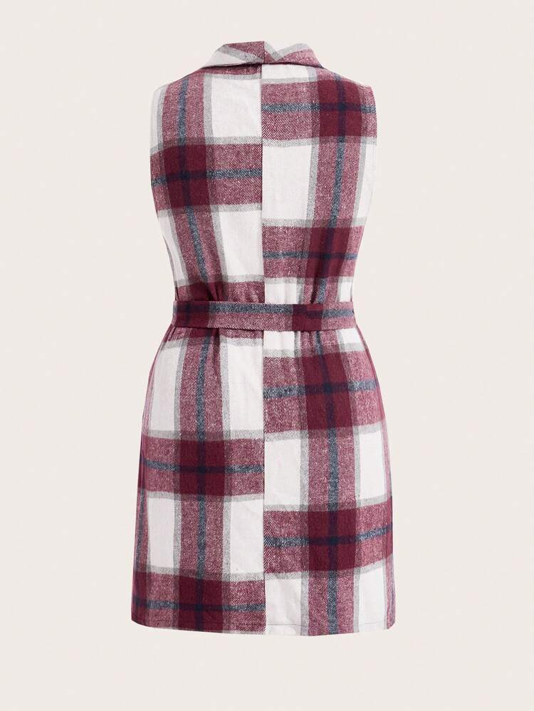 Plus Size Plaid Print Halter Neck Sleeveless Dress With Shawl Collar