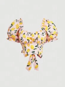 SHEIN MOD Plus Size Lemon Print Puff Sleeve Shirt - Pink - View 1