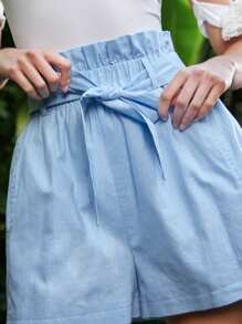 Enchnt Women's Solid Color Paper Bag Waist Shorts - Blue - View 6
