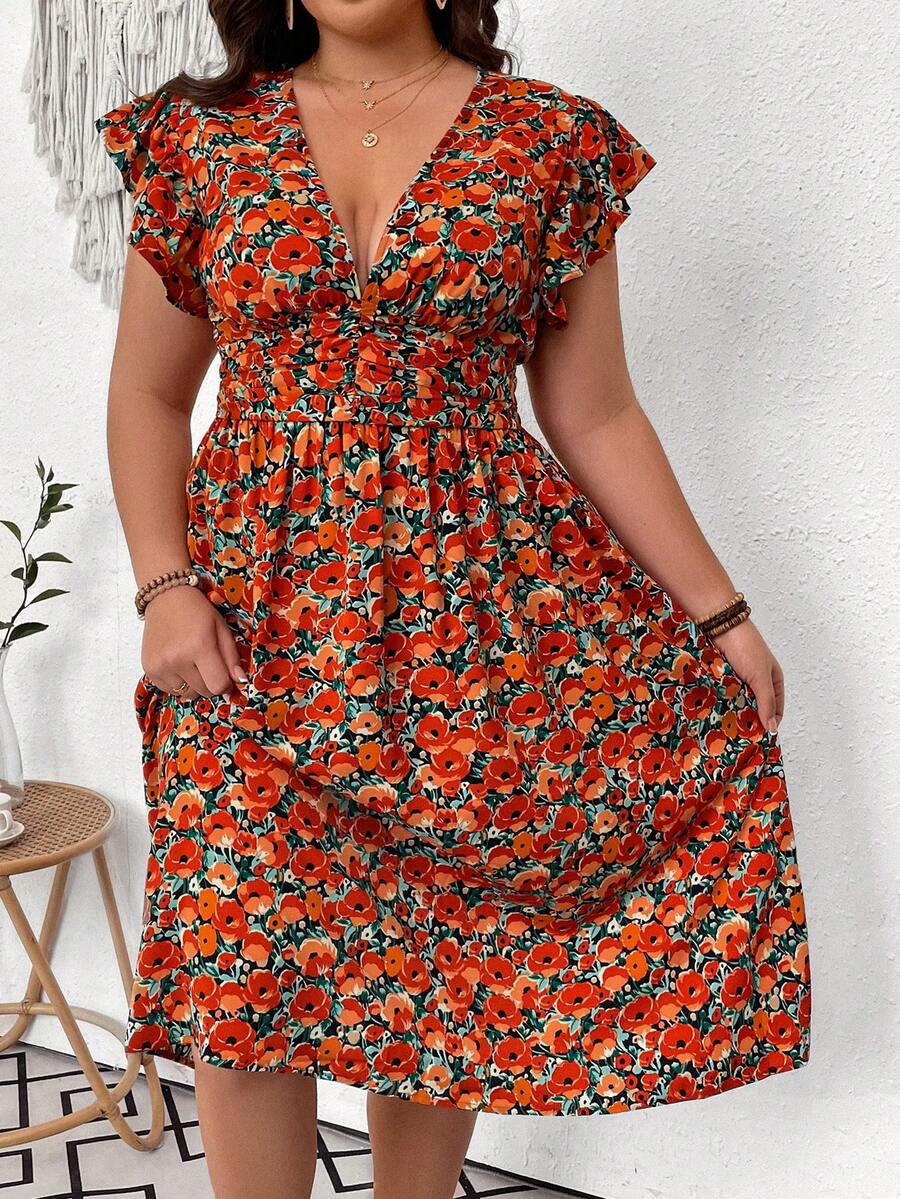 SHEIN Holidaya Plus Size Floral Printed Ruffles Trim Dress - Orange - View 1