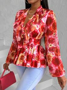 Zolique 女士長袖襯衫,褶邊設計 - 紅色 - 查看 5