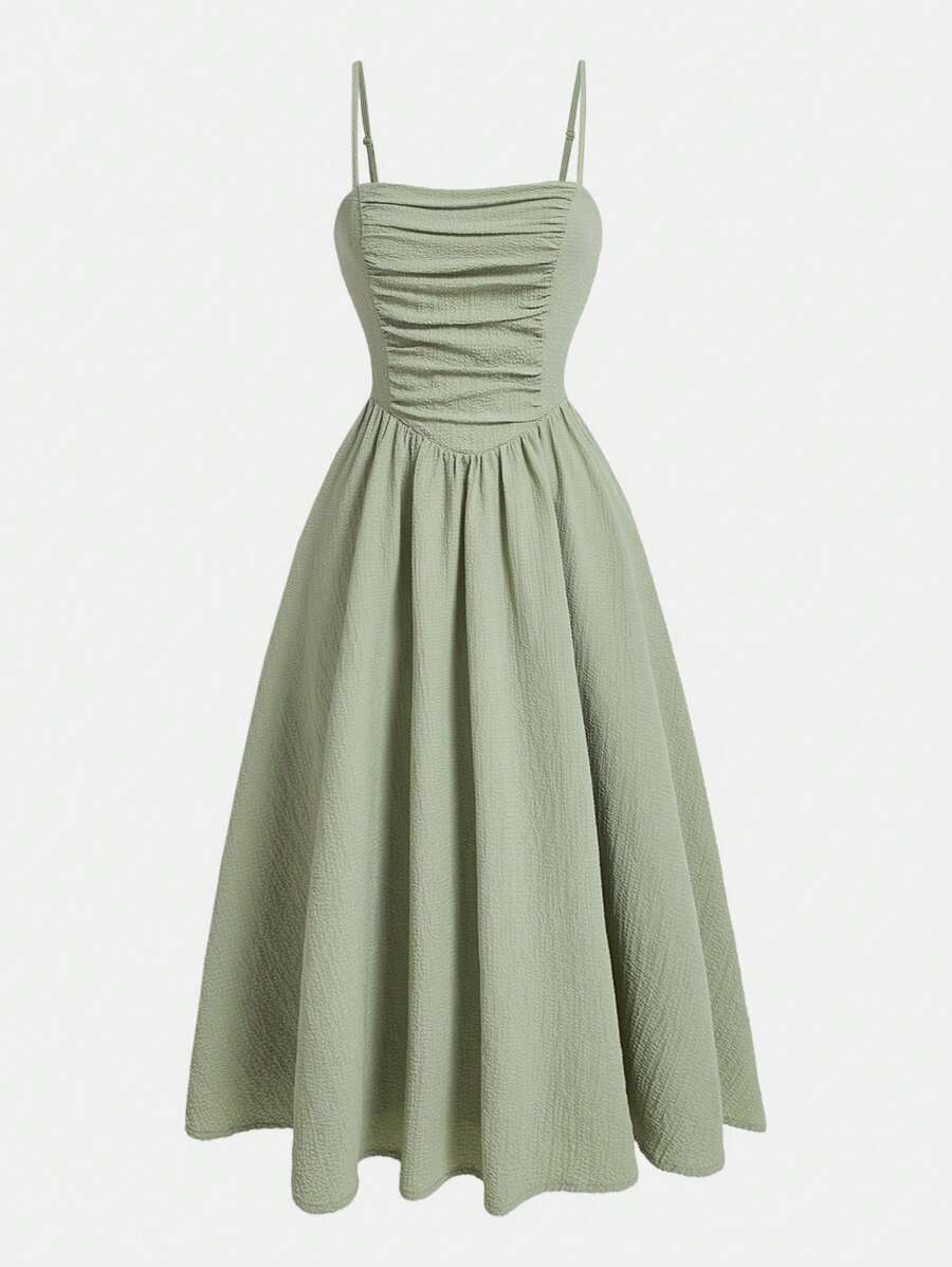SHEIN MOD Elegant Solid Color Ruched Waist Camisole Dress,Sage Green Dress, Spring/Summer Dress, Date Dress, Wedding Guest Dress For Women, Birthday Dress, Elegant Dresses, Vacation Outfits Women, Pink Dress, Slim Fit, Suitable For Commuting And Daily Wear, Tea Party Outfit Women - Green - View 1