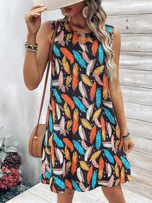 SHEIN VCAY 女士印花無袖連身裙 - 黑色 - 查看 5