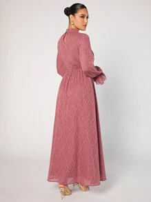 Modelyn Women's Stand Collar Ruffle Long Sleeve Arabic Style Dress Modest Dress Long Evening Dresses - Pink - View 4