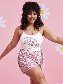 HELLO KITTY AND FRIENDS | SHEIN Women Plus Cute Cartoon Print Pink Pajama Set For Summer And Spring - Multicolor - View 4