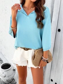 Ladies Solid Color Drop Shoulder Short Sleeve T-Shirt - Blue - View 4