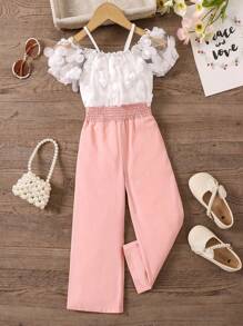 SHEIN Young Girls' Sweet Lady 3D Flower Patchwork Open Shoulder Jumpsuit, Summer - Baby Pink - View 1