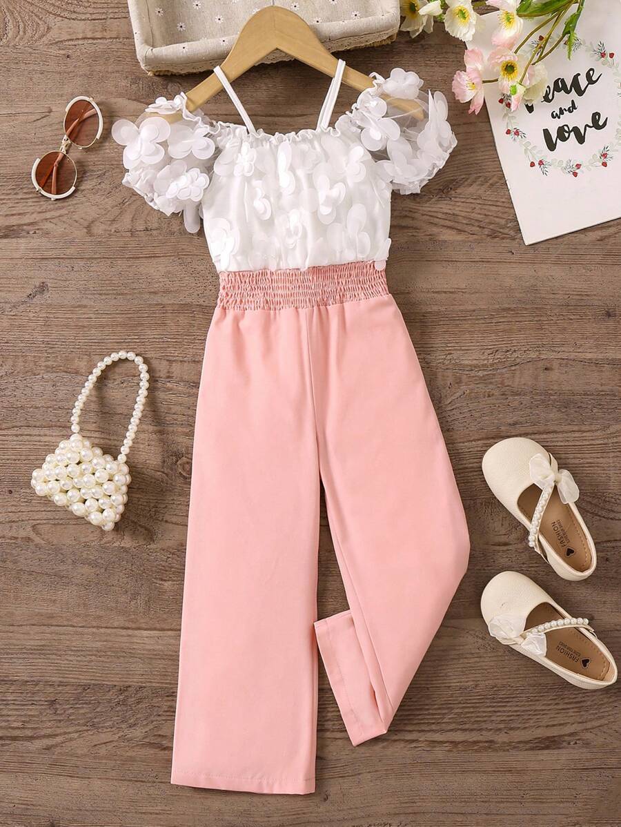 SHEIN Young Girls' Sweet Lady 3D Flower Patchwork Open Shoulder Jumpsuit, Summer - Baby Pink - View 1
