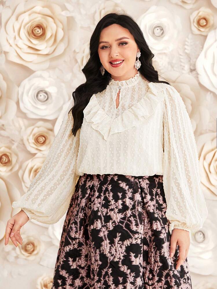 Plus Size Women's Stand Collar Lantern Sleeve Blouse With Frill Trim