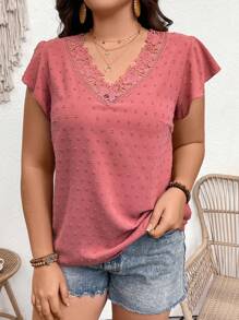 SHEIN Franclia Plus Size Women's Lace Patchwork Ruffle Sleeve Blouse