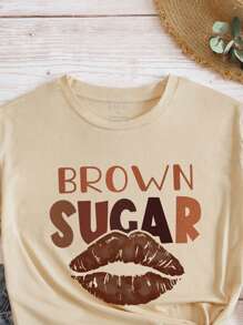 SHEIN Áo thun tay ngắn in hình đôi môi cỡ lớn cho nữ, Áo thun họa tiết BROWN SUGAR, Áo mùa hè - Màu Khaki - Xem 4