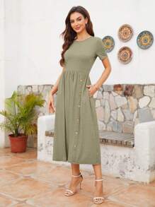 DEARCASE Button Decorated Short Sleeve Waist Cinched Dress - Navy Blue - View 3