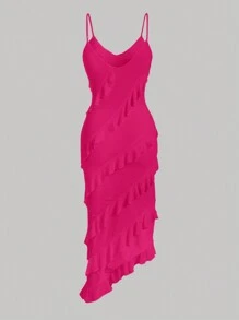SHEIN MOD Robe d'été à bretelles fines avec ourlet asymétrique et détails volantés, robe à volants