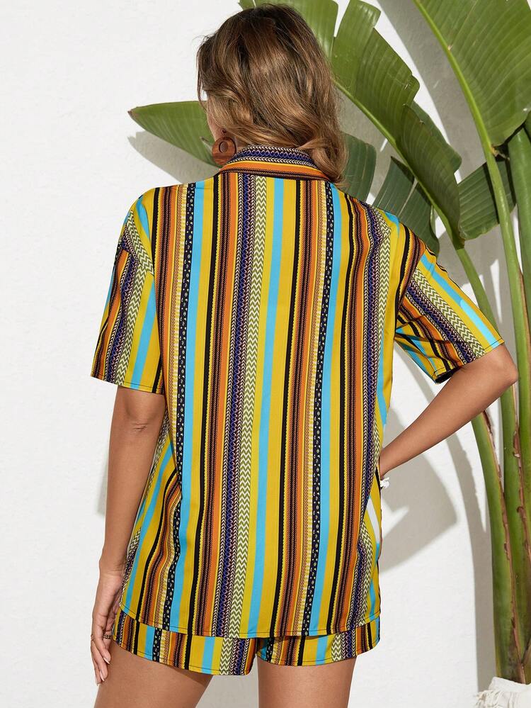 Full Print Pocket Front Shirt And Shorts Set