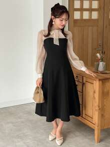 FRIFUL Ladies' Color Block Belted V-Neck Long Sleeve Dress
