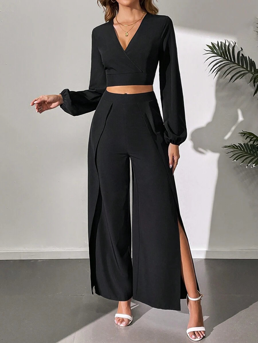 SHEIN Tall Solid Color V-Neck Lantern Sleeve Top And Split Wide Leg Pants, Tall Women - Black - View 1