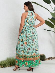 SHEIN VCAY Plus Size Women's Printed Halter Dress With High Split