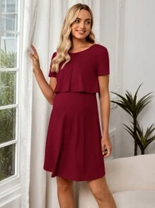 SHEIN Maternity Round Neck Short Sleeve Nursing Dress