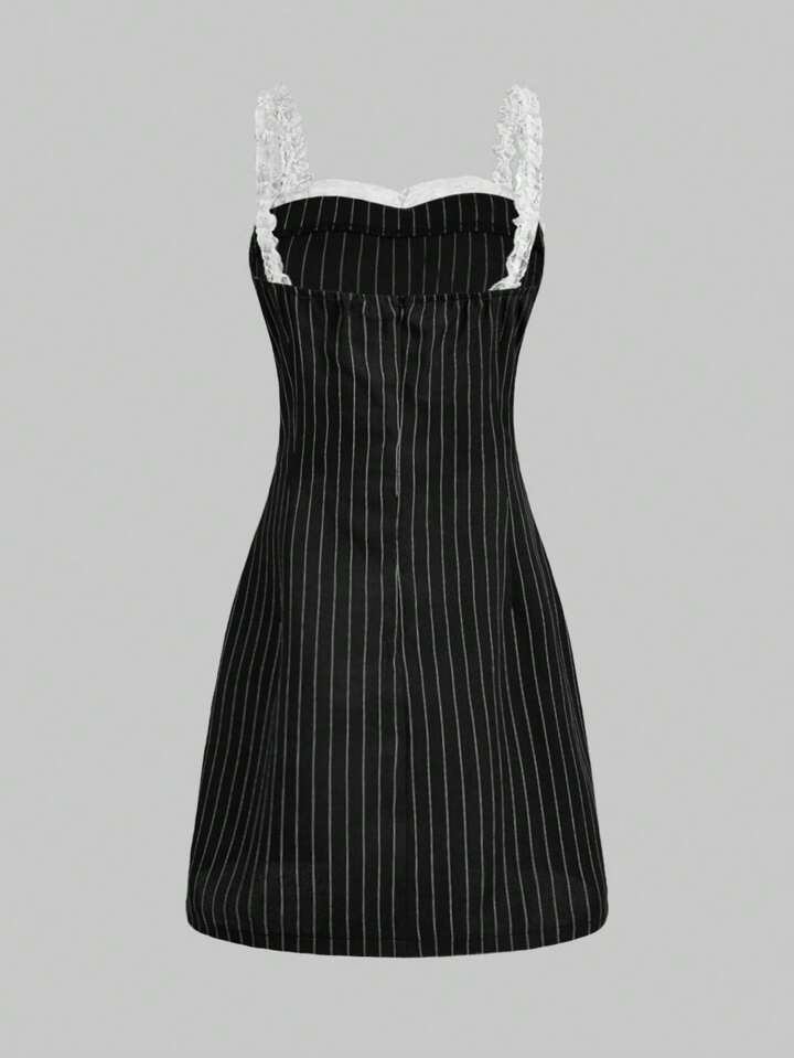 Our Kawaii Women's Striped Bodycon Dress With Lace Trimmed Spaghetti Strap,  Oversized Bowknot Decor For Music Festivals Outfits is such a vibe - ROMWE