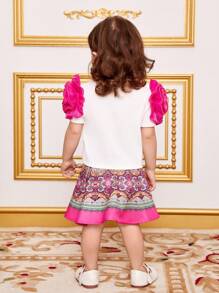 SHEIN Baby Girl Holiday Patchwork 3d Flower Short Sleeve Top And Skirt Set - White - View 2