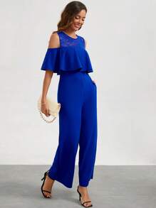 SHEIN Clasi Ladies' Cold Shoulder Lace Splicing Jumpsuit - Blue - View 3