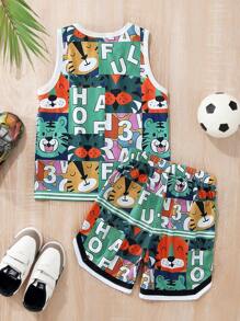 SHEIN 2pcs/Set Young Boys' Casual Cartoon Animal Patterned Sleeveless Top And Shorts Set,Soft Breathable Fashionable Summer Outfit,Suitable For Spring - Multicolor - View 2