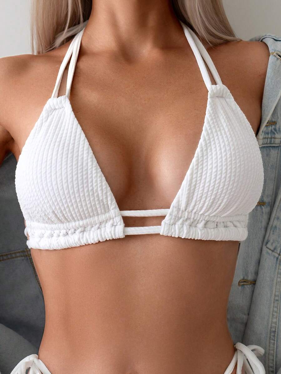 SHEIN Swim Basics 女式露背比基尼上衣 - 白色 - 查看 1