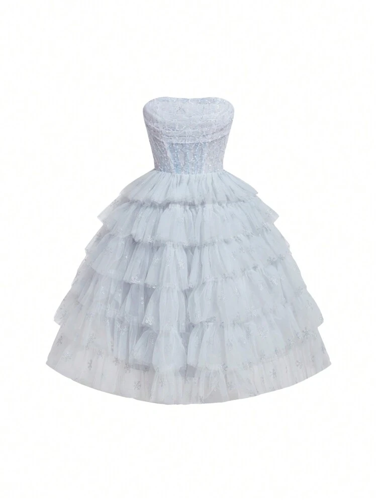 Women's Multilayer Sparkling Sequin Mesh Puffy Strapless Cocktail Party Dress