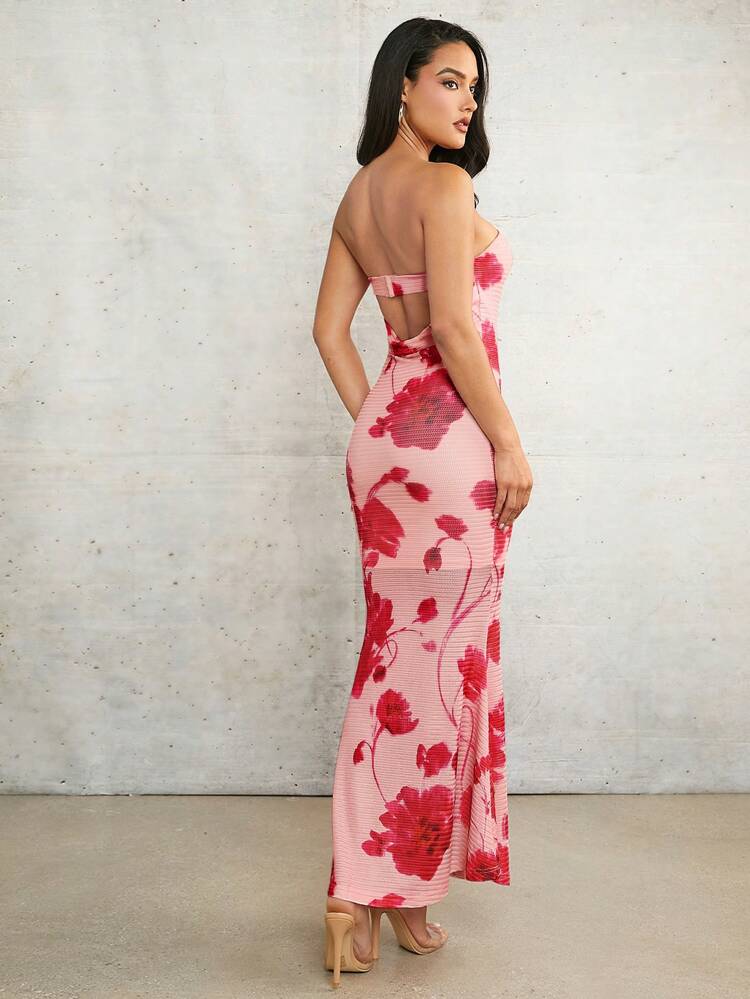 Coral Pink Floral Print Tube Top Draped Backless Spring And Summer Vacation Beach Tight Stretch Long Dress