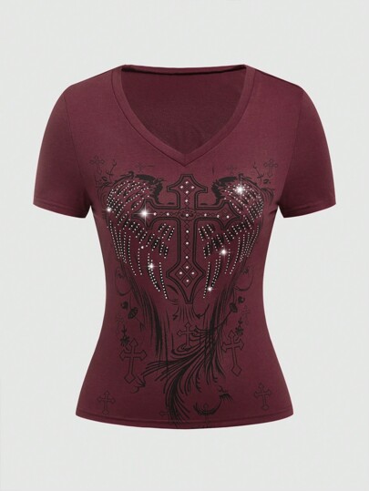 Fairycore T-shirt À Manches Courtes Et Imprimé Croisé Pour Femmes