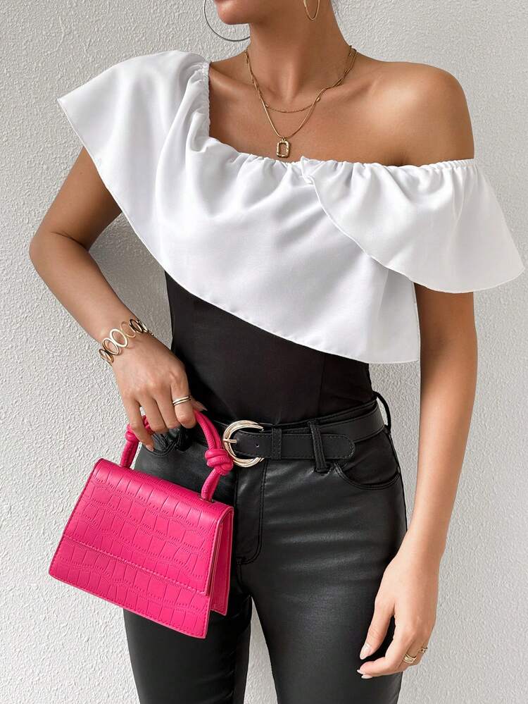 Women's Asymmetrical Neckline Ruffle Trimmed Two-Tone Blouse