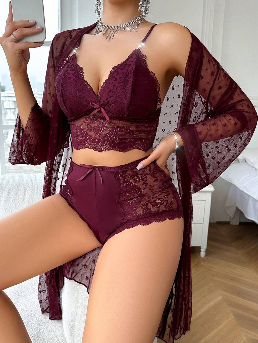 Women's Sexy Maroon Lace Thigh Length Lingerie Robe Set With Spaghetti Strap Bralette And High Waisted Panties - Maroon - View 1