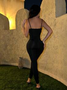 Zolique Women's Mesh Contrast Bodycon Jumpsuit Unitard - Black - View 2