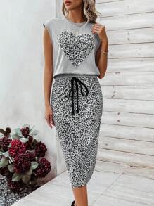 SHEIN LUNE Ladies' Leopard Print Heart Pattern Bell Sleeve Top And Skirt Set