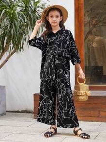 SHEIN 2 cái/bộ Cô gái Lỏng lẻo Dễ thương Thoải mái Áo sơ mi Với Vòng cổ Và Hình học Mô hình Quần - Nhiều màu - Xem 5