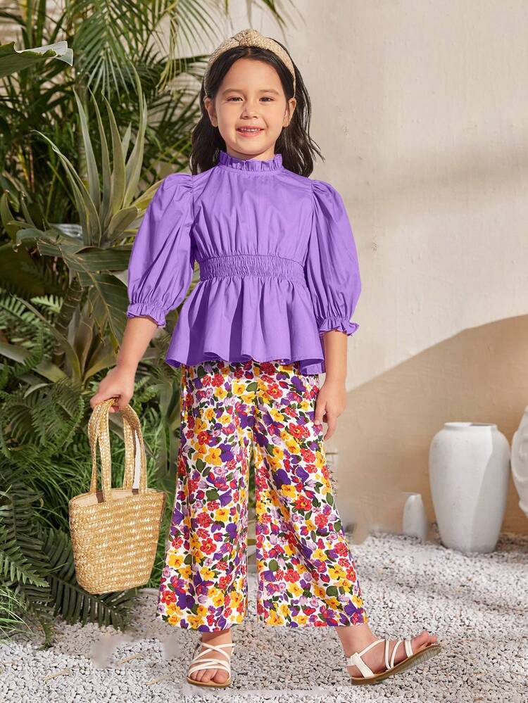 Toddler Girls' Leisure Fit Ruffled Blouse With Stand Collar And Puff Sleeves, Flower Print Wide Leg Pants Two Pieces Set