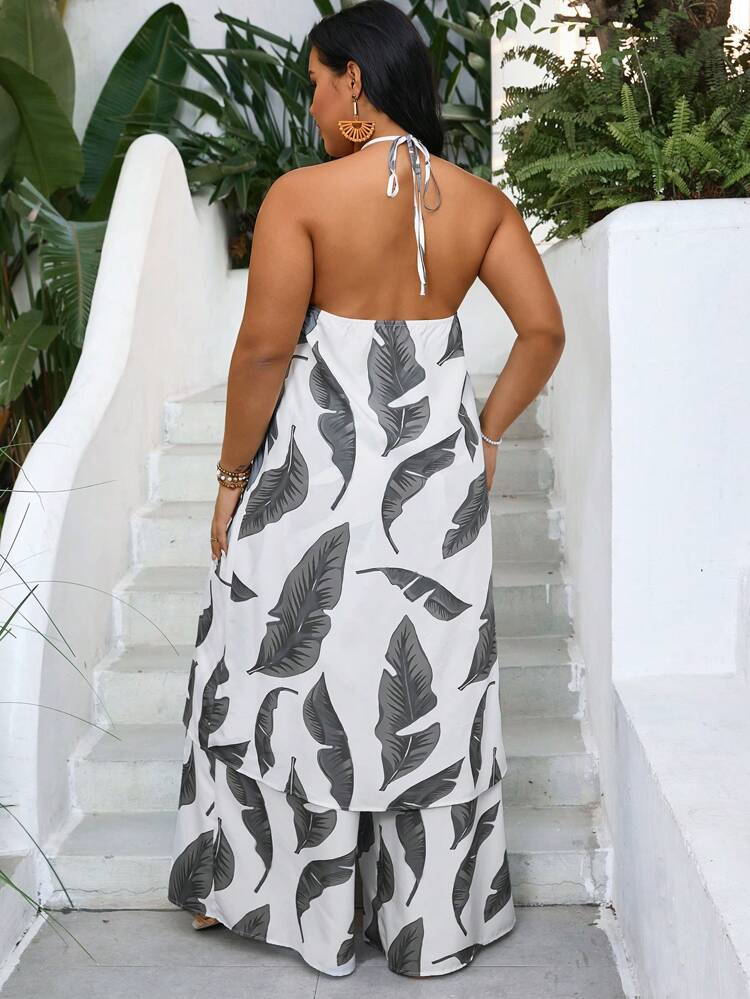 Plus Size Summer Beach Vacation Style Tropical Print Halter Neck Camisole Top And Long Pants Two-Piece Set