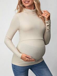 SHEIN 孕婦修身款孕婦哺乳t恤,帶有肋紋質地 - 杏色 - 查看 5