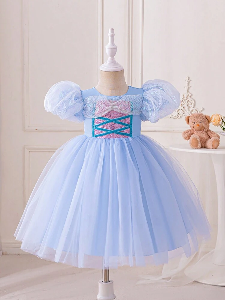 Baby Girls' Puff Sleeves Tulle Dress With Iridescent Bead Decoration, Princess Party Outfit