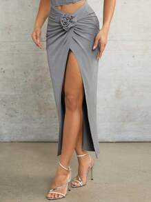SHEIN BAE Summer Prom Floral Glitter High Slit Pleated Gray Mesh Women's Skirt - Grey - View 4
