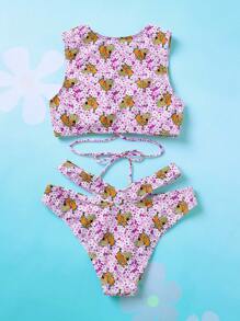 SCOOBY-DOO X SHEIN Women Knit Sexy Lace Up Front Cartoon Graphic Bikini Set - Purple - View 2