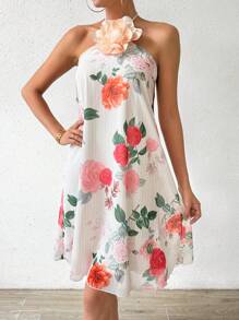 SHEIN LUNE Flower Printed Halter Neck Tie Waist 3d Flower A-Line Dress - Apricot - View 3