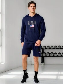 Manfinity Sport Corelite Herren Set aus Hoodie mit Buchstaben-Muster auf der Tasche und Shorts, Sportanzug, Trainingsset, Fitnessstudio Set - Blau - Übersicht 5