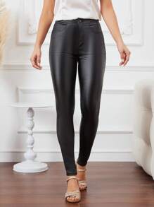 Chiquease Pantalones pitillo de unicolor casual y versátiles para mujer - Negro - Ver 3