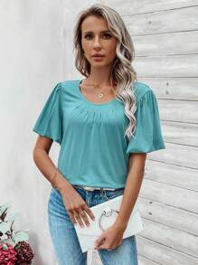 SHEIN LUNE 女士圓領短袖t恤,配有荷葉邊 - 藍色 - 查看 3