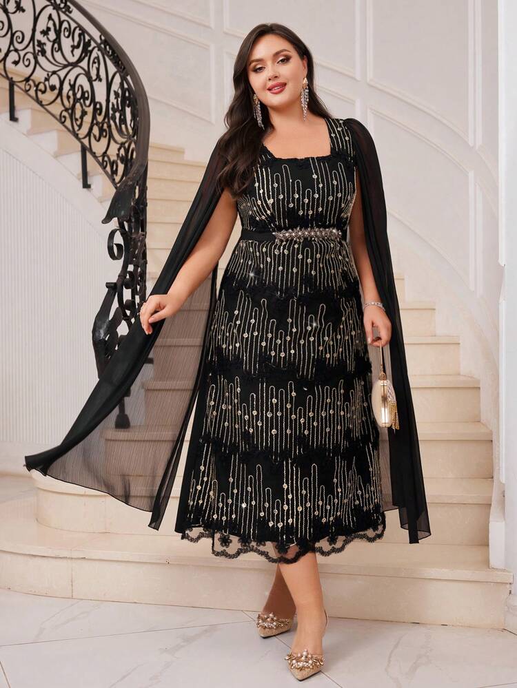 Plus Size Women's Sequined Extra-Long Sleeve Dress Long Evening Dresses
