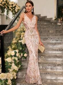 V-Neck Backless Sequin Mermaid Dress