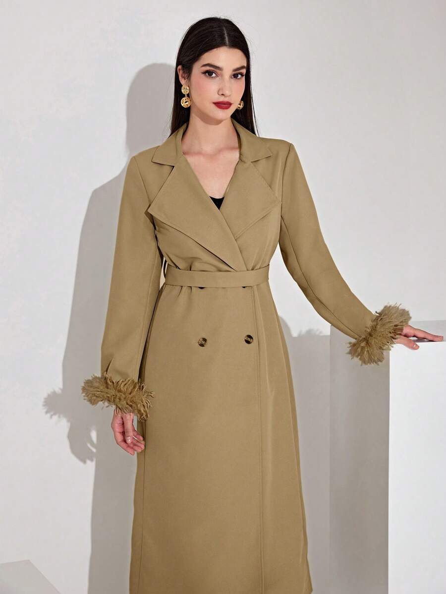 Modelyn Women'S Double-Breasted Hairball Cuff Trench Coat With Patchwork Design - Khaki - View 1